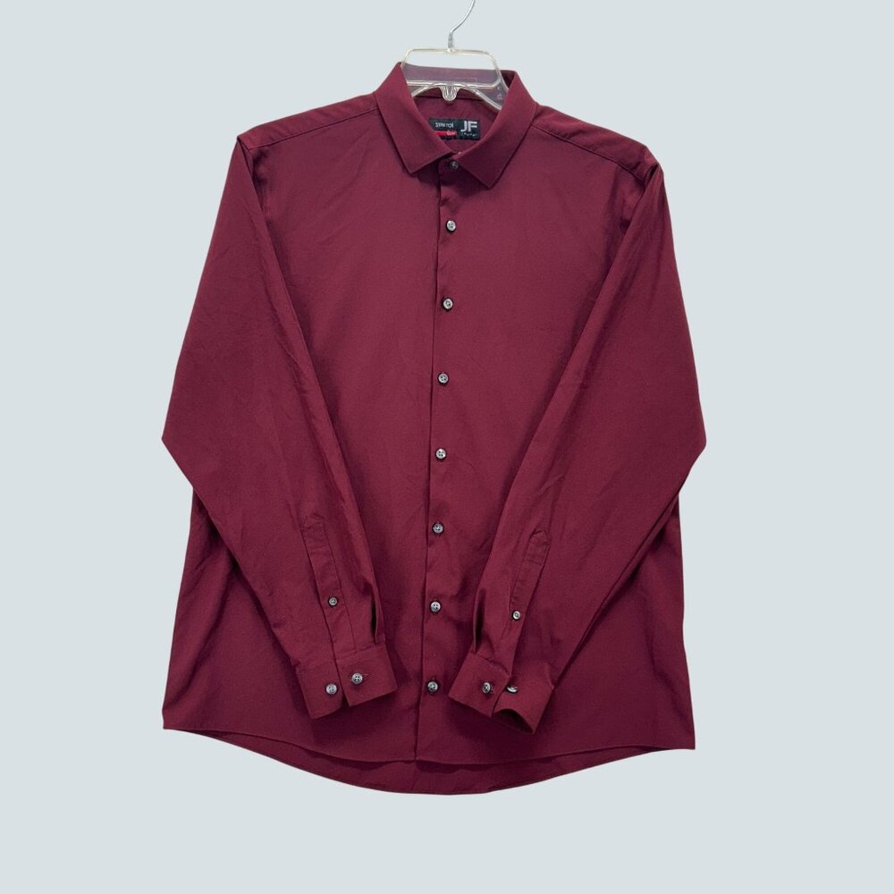Jf Stretch Slim Fit Burgundy Button Up Dress Shirt Mens L 16-16.5/34-35